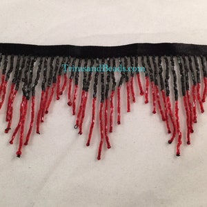 3&quot; BLACK/DARK Red Ombre Glass CHEVRON Bugle Bead Beaded Fringe Lamp Costume Trim Variegated