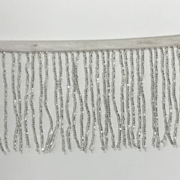 4" SILVER Glass BUGLE Bead Beaded Fringe Lamp Costume Trim