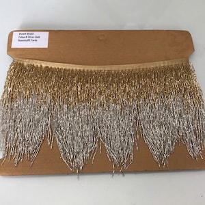 5 Yard Bolt- 6.5/6&quot; Gold/Silver Sparkling Ombre Ombré Chevron Glass BUGLE Bead Beaded Fringe Lamp Costume Trim Variegated