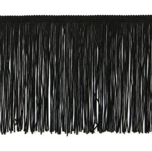 May include: Black fringe trim with a smooth texture. The fringe is approximately 2.5 cm long.