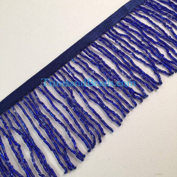 3/3.5" Dark ROYAL BLUE Glass BUGLE Bead Beaded Fringe Lamp Costume Trim