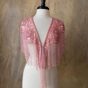 PINK Sequin Glass Rose Beaded Fringe & Sequin Lace Collar Shoulder Shrug Shawl Jacket Applique Wrap Western Rodeo
