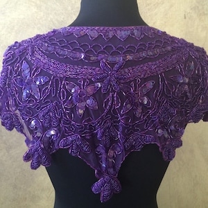 Sequin Glass Beaded & Sequin Wrap Lace Collar Shoulder Shrug Shawl Applique Purple Vintage Bridal
