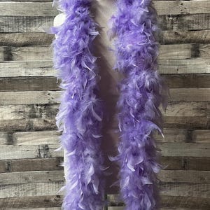 Pode incluir: Uma longa e fofa boa de penas lavanda drapeada sobre um manequim. A boa é feita de penas macias e delicadas, criando uma aparência volumosa e texturizada. A boa é de um tom roxo vibrante, perfeita para fantasias ou eventos especiais.
