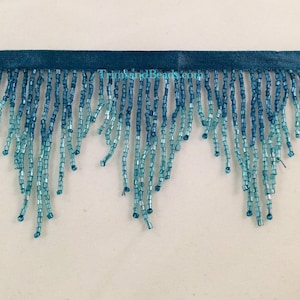 3&quot; Blue/Teal Ombre Glass CHEVRON Bugle Bead Beaded Fringe Lamp Costume Trim Variegated
