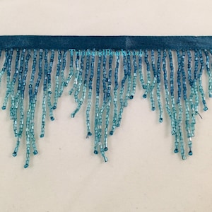 3" Blue/Teal Ombre Glass CHEVRON Bugle Bead Beaded Fringe Lamp Costume Trim Variegated