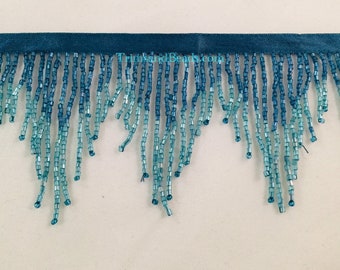 3" Blue/Teal Ombre Glass CHEVRON Bugle Bead Beaded Fringe Lamp Costume Trim Variegated