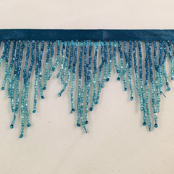 3" Blue/Teal Ombre Glass CHEVRON Bugle Bead Beaded Fringe Lamp Costume Trim Variegated