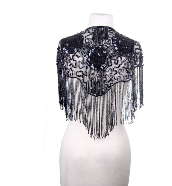 BLACK Sequin Glass Rose Beaded Sequin Lace Collar Shoulder Shrug