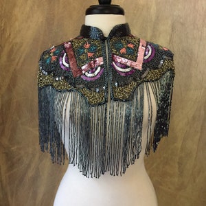 MULTI Beaded & Sequin Long Glass Fringe Collar Shoulder Shrug Shawl Applique Wrap Western Rodeo