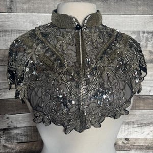 SILVER/BLACK Sequin Glass Beaded & Sequin FULL Wrap Lace Collar Shoulder Shrug Shawl Applique