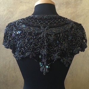 Sequin Glass Beaded & Sequin Wrap Lace Collar Shoulder Shrug Shawl Applique Peacock BLACK AB Vintage