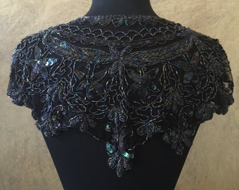 Sequin Glass Beaded & Sequin Wrap Lace Collar Shoulder Shrug Shawl Applique Peacock BLACK AB Vintage
