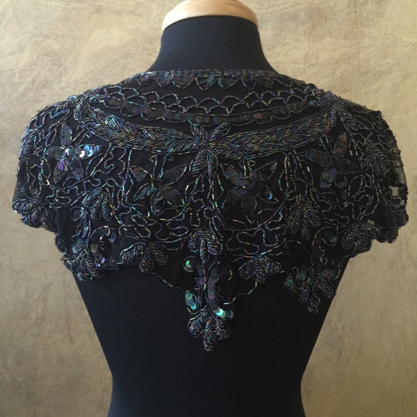 Sequin Glass Beaded & Sequin Wrap Lace Collar Shoulder Shrug Shawl Applique Peacock BLACK AB Vintage