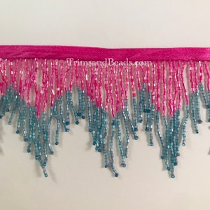 3" HOT Pink/TEAL Glass CHEVRON Bugle Bead Beaded Ombre Fringe Lamp Costume Trim Variegated