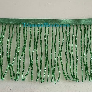 By the Yard 4/4.5&quot; EMERALD GREEN Glass BUGLE Bead Beaded Fringe Lamp Costume Trim