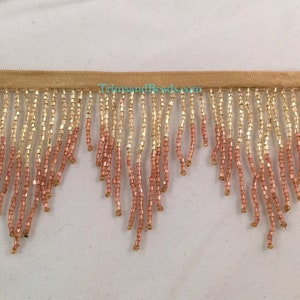 3&quot; GOLD/COPPER Ombre Glass CHEVRON Bugle Bead Beaded Fringe Lamp Costume Trim Variegated