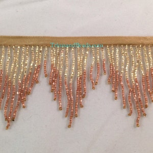 3" GOLD/COPPER Ombre Glass CHEVRON Bugle Bead Beaded Fringe Lamp Costume Trim Variegated