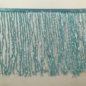 6.5/6&quot; Light BABY BLUE Glass BUGLE Bead Beaded Fringe Lamp Costume Trim