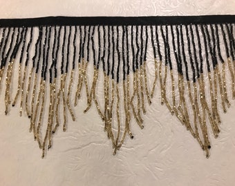 6" BLACK/GOLD Chevron Glass BUGLE Bead Beaded Fringe Lamp Costume Trim Variegated