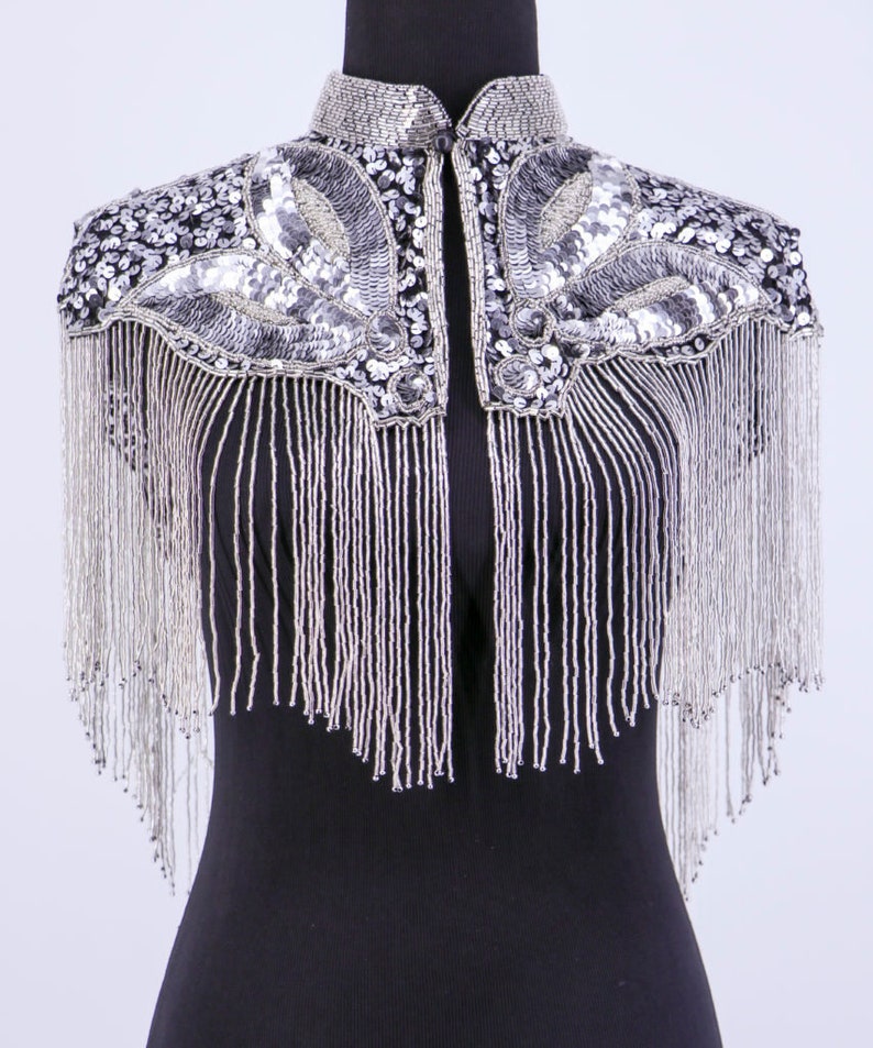 SILVER Beaded & Sequin Long Glass Fringe Collar Shoulder Shrug Etsy