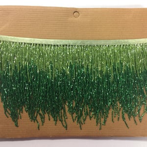 5 Yard Bolt- 6.5&quot; Lime Green/Emerald Sparkling Ombre Ombré CHEVRON Glass BUGLE Bead Beaded Fringe Lamp Costume Trim Variegated