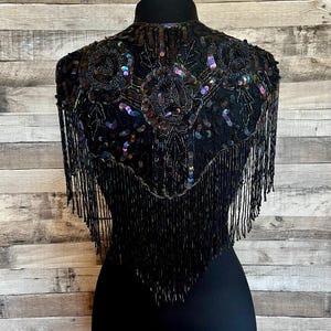 BLACK AB Sequin Glass Rose Beaded & Sequin Lace Collar Shoulder Shrug Shawl Applique Wrap Bridal