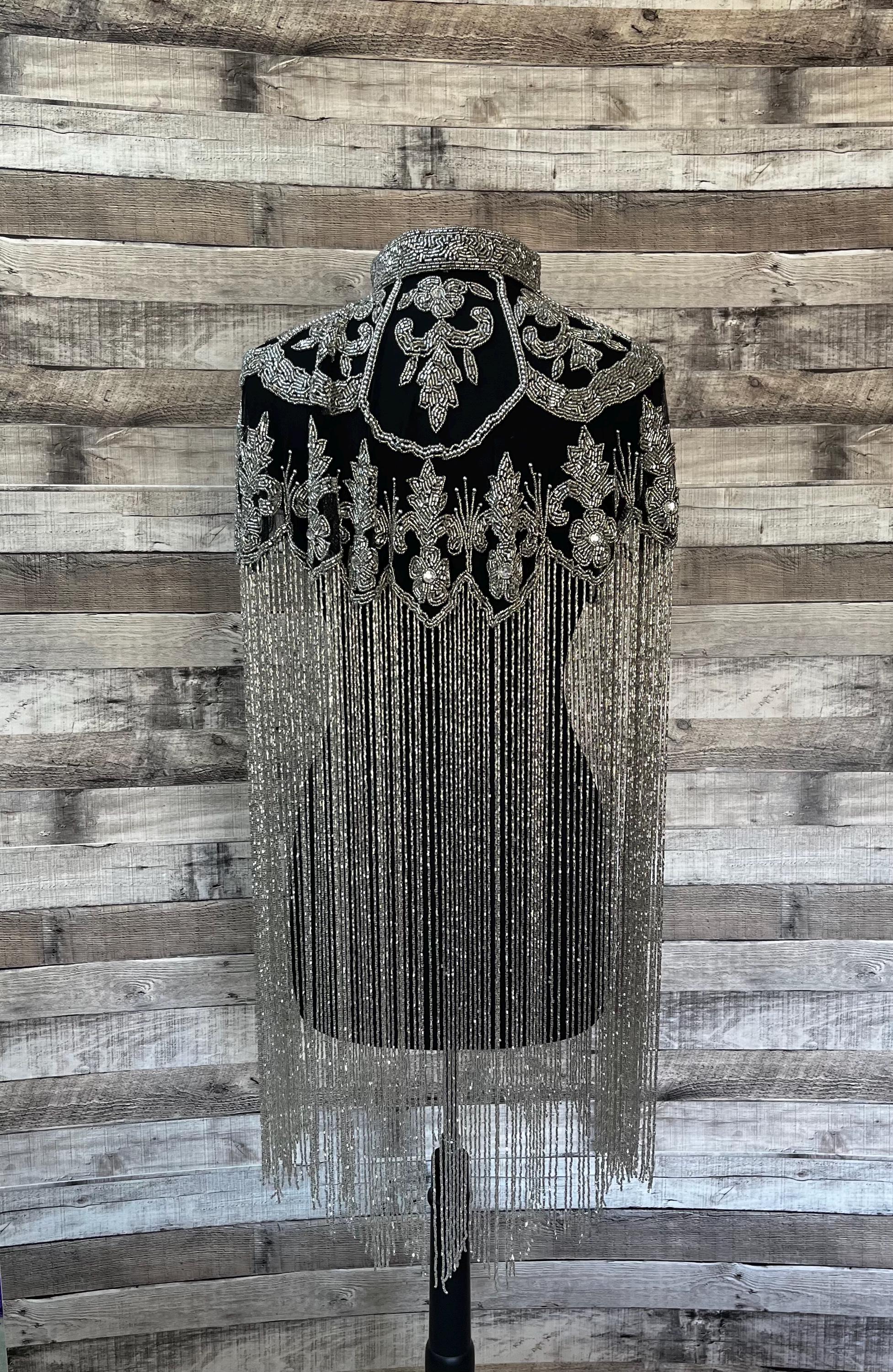 Glamorous Black and Silver Glass Beaded Collar With 24” Bugle Bead ...