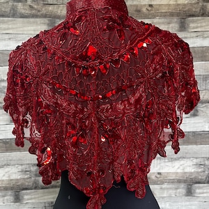 RÖD Paljettglaspärlor & Paljett HELT Snöre med Spetskrage Axelbandssjal Applikation