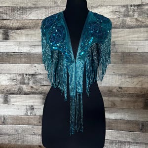 TURQUOISE BLUE Sequin Glass Rose Beaded & Sequin Lace Collar Shoulder Shrug Shawl Applique Wrap Bridal