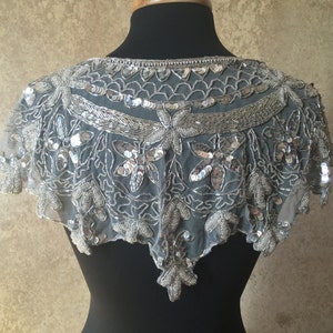 Sequin Glass Beaded & Sequin Lace Collar Shoulder Shrug Shawl Applique SILVER Bridal