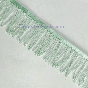 By Yard-3/3.5&quot; MINT GREEN Glass BUGLE Bead Beaded Fringe Lamp Costume Trim