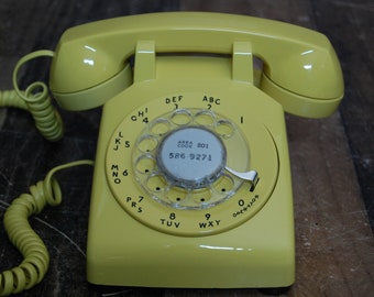 Vintage Original Yellow Dial up table or desk Telephone in good working order with handset, new cord,Western Electric phone, refinished