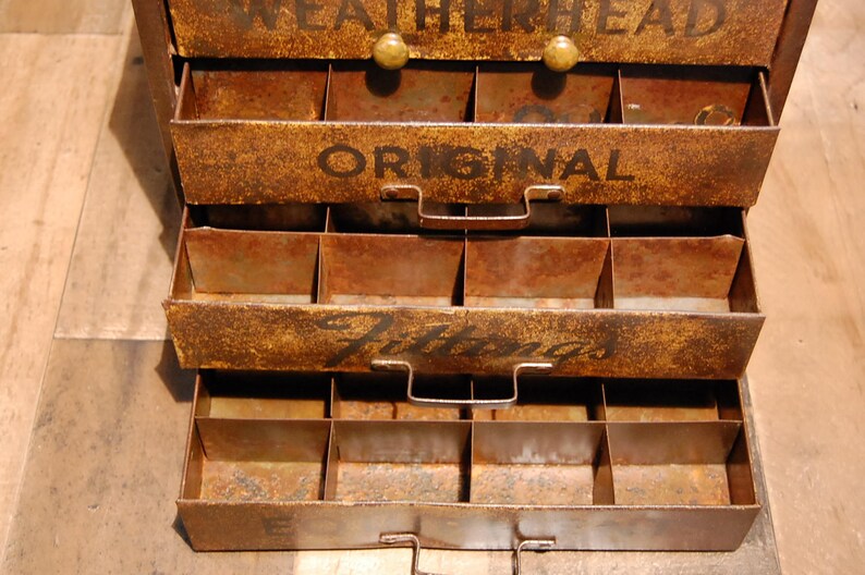 original finish Vintage Weatherhead Original Fittings Equipment metal counter top storage display box fully functional with compartments