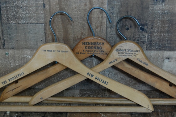 Vintage Clothes Hangers, Clothes hanging Racks, two vintage advertising wood hangers, Mudroom, Laundry Room, Childs Room