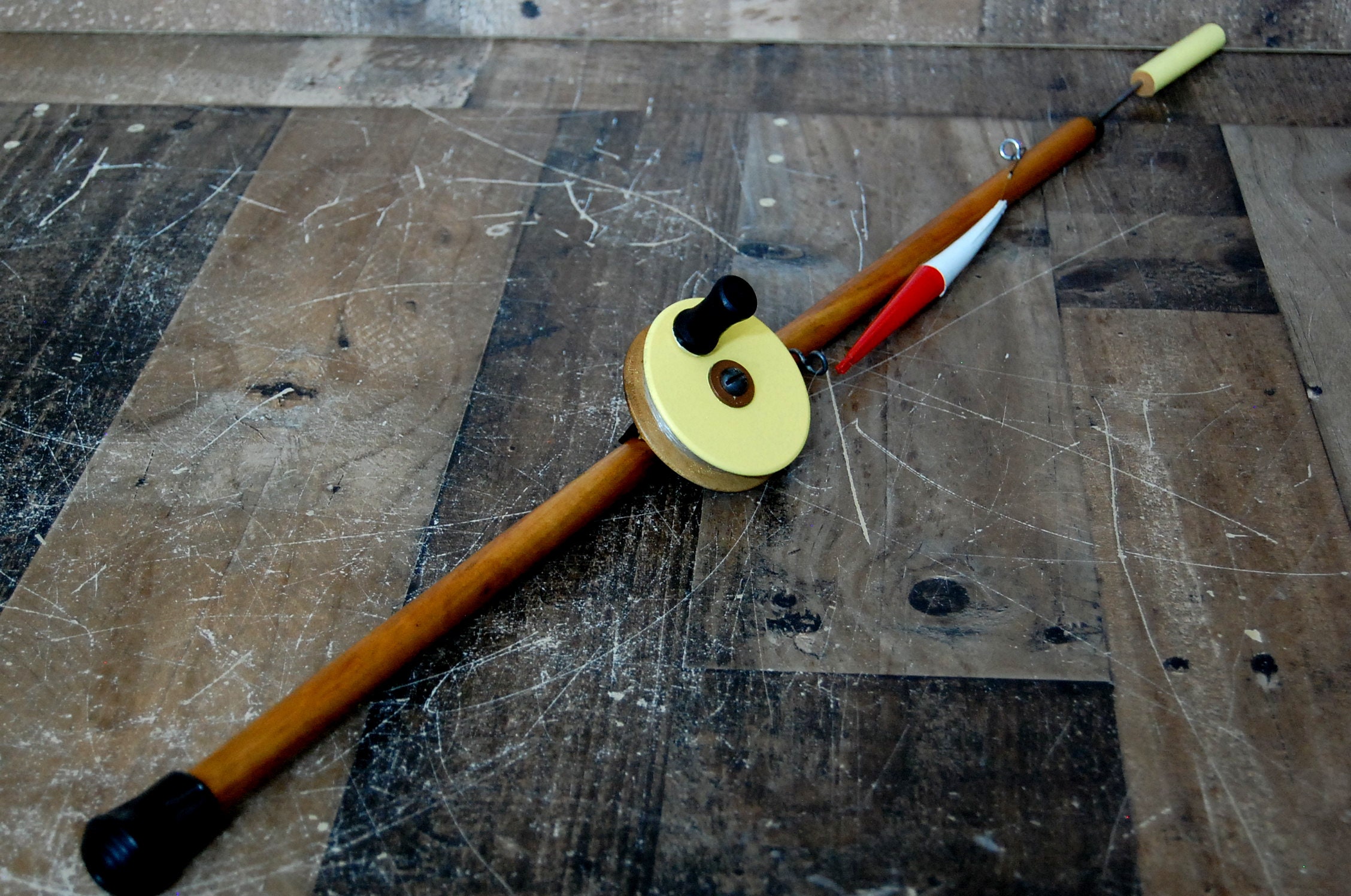 Vintage Ice Fishing Rod and Reel, custom hand made from the 1950's Folk Art  collectible fishing restored to original condition FREE SHIPPING