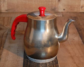 Vintage Turkey Chrome Tea pot, Coffee pot, 1960's vintage kitchen tea and coffee pot, chrome with red handle, good condition,great display