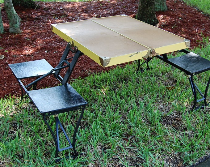 Vintage Folding Picnic Table, Vintage Folding Table and Four Seats
