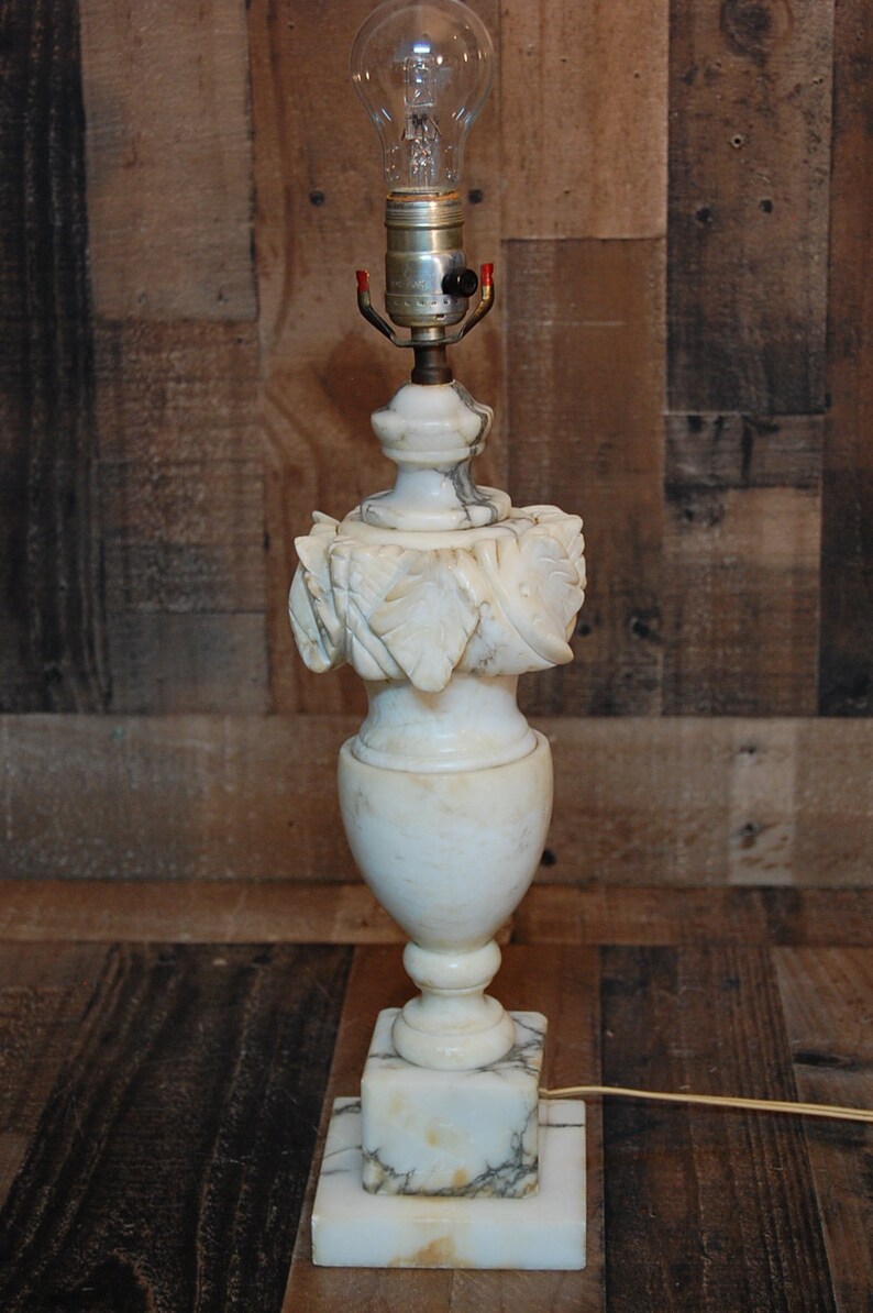 Vintage Alabaster Marble Lamp works well Neo-classical design White Italian Alabaster Lamp with Grey Veins flower petal cut marble design
