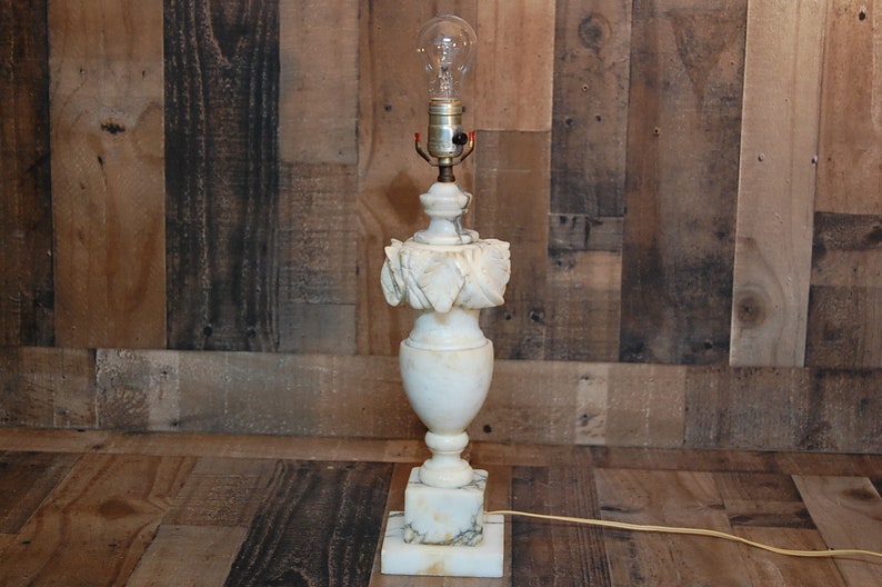 Vintage Alabaster Marble Lamp works well Neo-classical design White Italian Alabaster Lamp with Grey Veins flower petal cut marble design