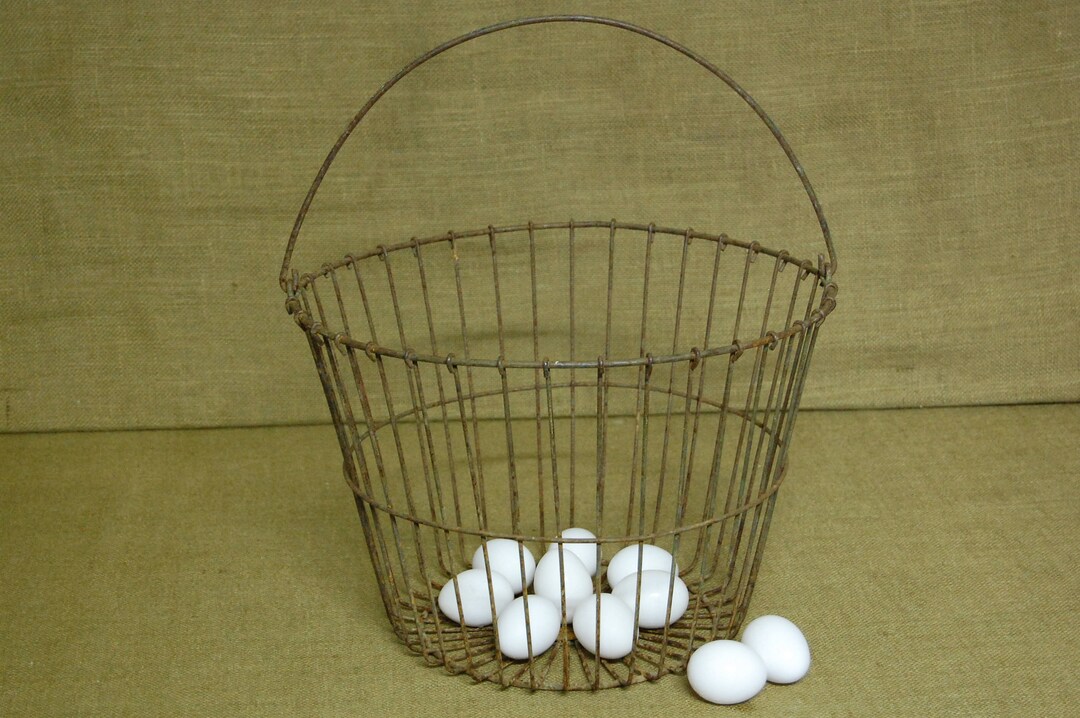 Antique Metal Egg Basket With Handle, Vintage Chicken Egg Basket