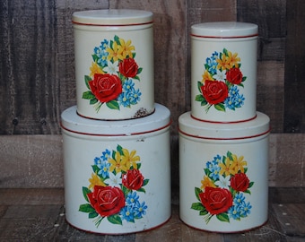 Vintage canister set 4 piece, flour, sugar, coffee, vintage 1950's painted tin canister set, vintage kitchen decor, FREE SHIPPING