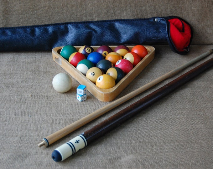 Vintage Bakelite Pool Balls and Rack, Vintage Pool Stick, Cue Ball and