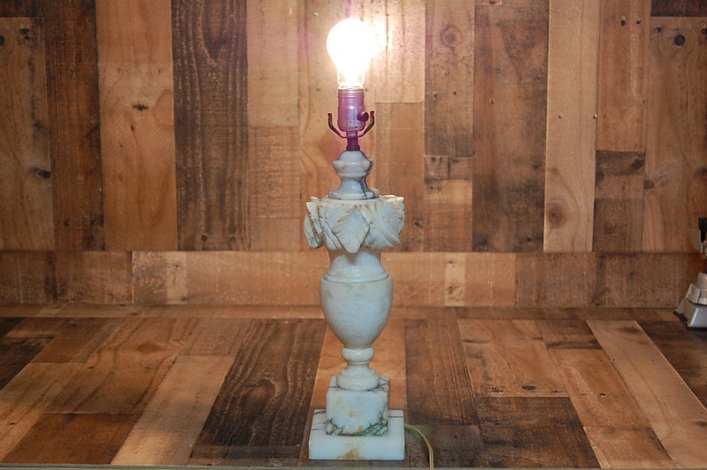 Vintage Alabaster Marble Lamp works well Neo-classical design White Italian Alabaster Lamp with Grey Veins flower petal cut marble design