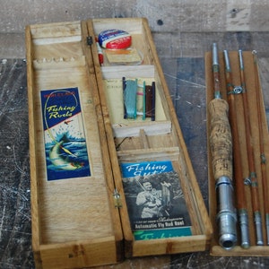 Vintage Fly Fishing kit, bamboo fly fishing rod in wood case with lures,  line, hooks, four piece fly rod and case good condition, 1940's