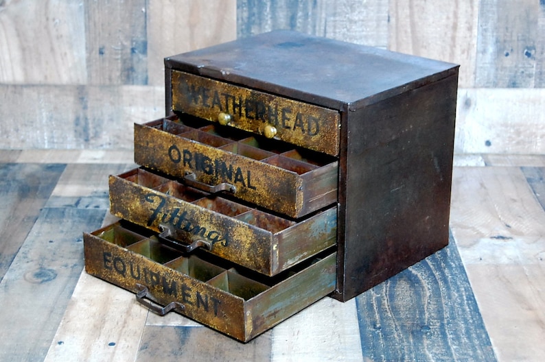 original finish Vintage Weatherhead Original Fittings Equipment metal counter top storage display box fully functional with compartments