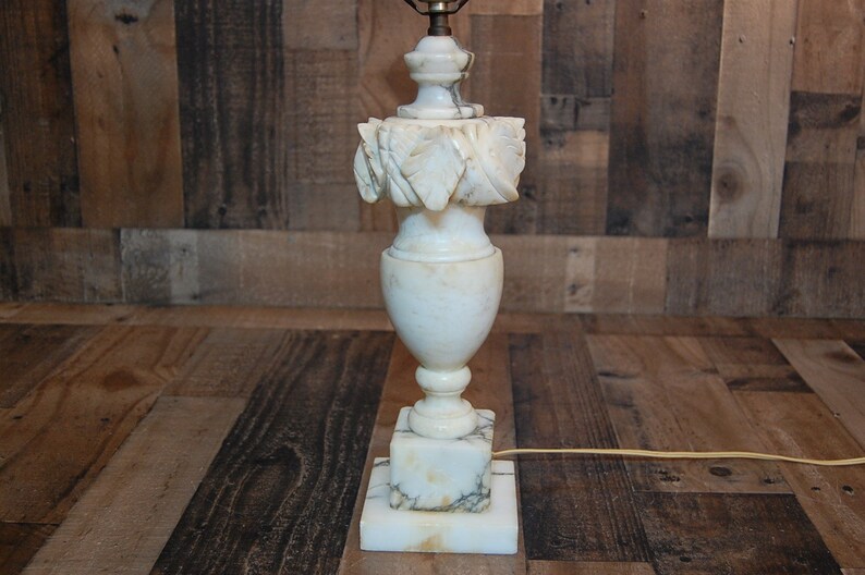 Vintage Alabaster Marble Lamp works well Neo-classical design White Italian Alabaster Lamp with Grey Veins flower petal cut marble design