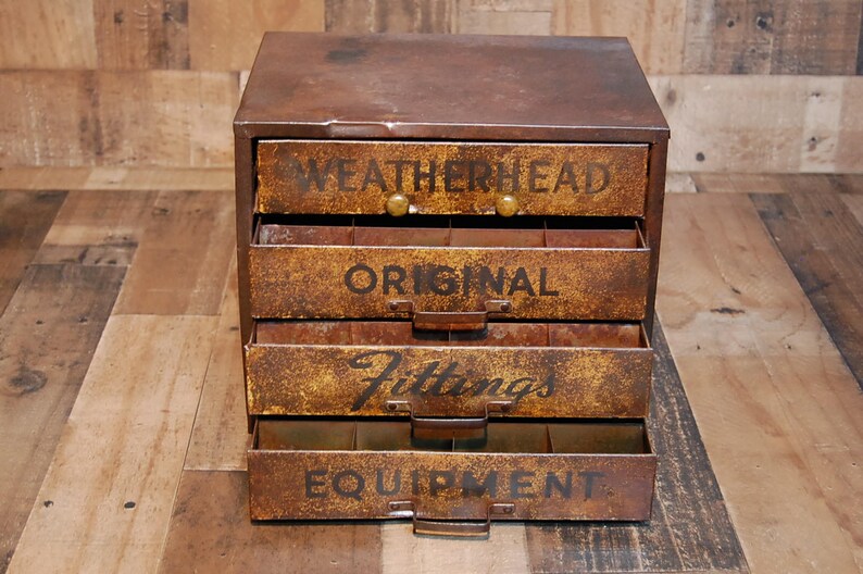 original finish Vintage Weatherhead Original Fittings Equipment metal counter top storage display box fully functional with compartments