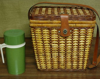 Vintage Picnic Basket and Thermos, vintage plaid interior pattern, leather carry strap, interior sections for thermos, sandwiches, utensils