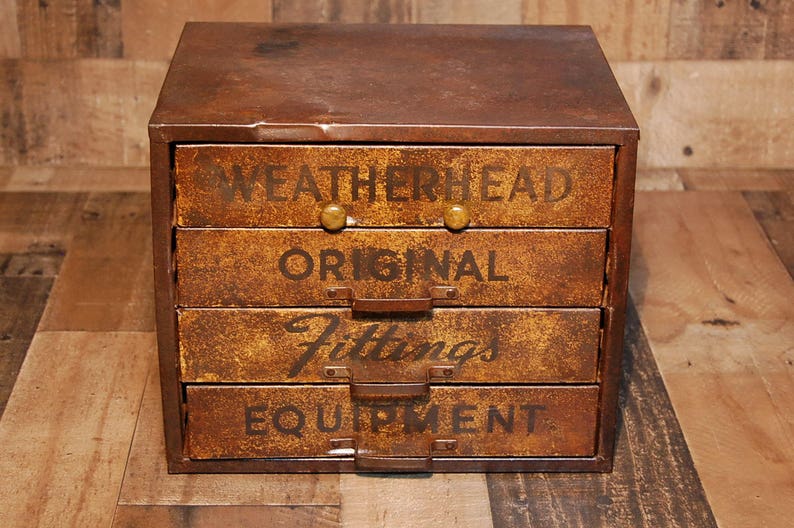 original finish Vintage Weatherhead Original Fittings Equipment metal counter top storage display box fully functional with compartments